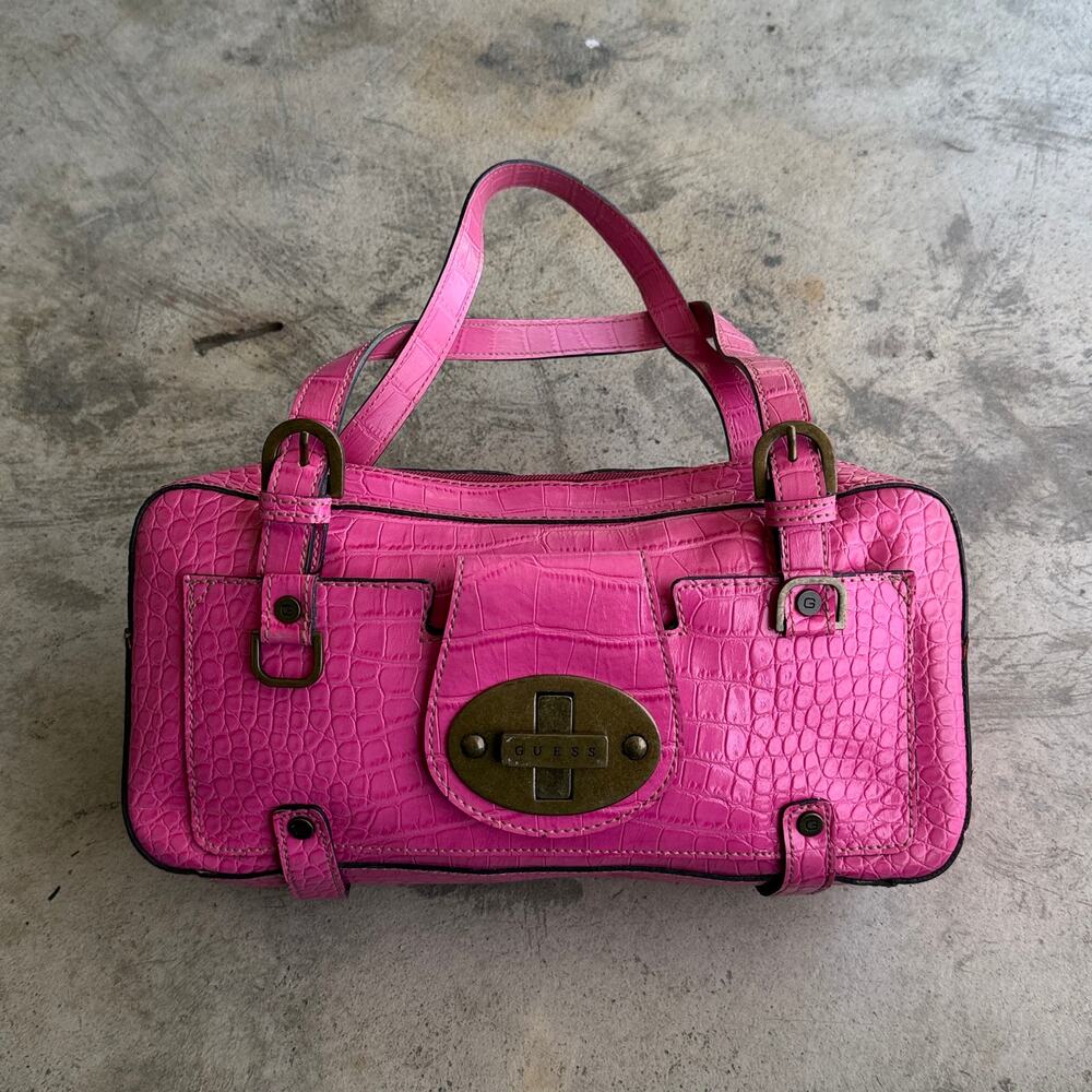 Super Rare Y2K Vintage Guess Hobo Shoulder Bag Pink croc faux leather